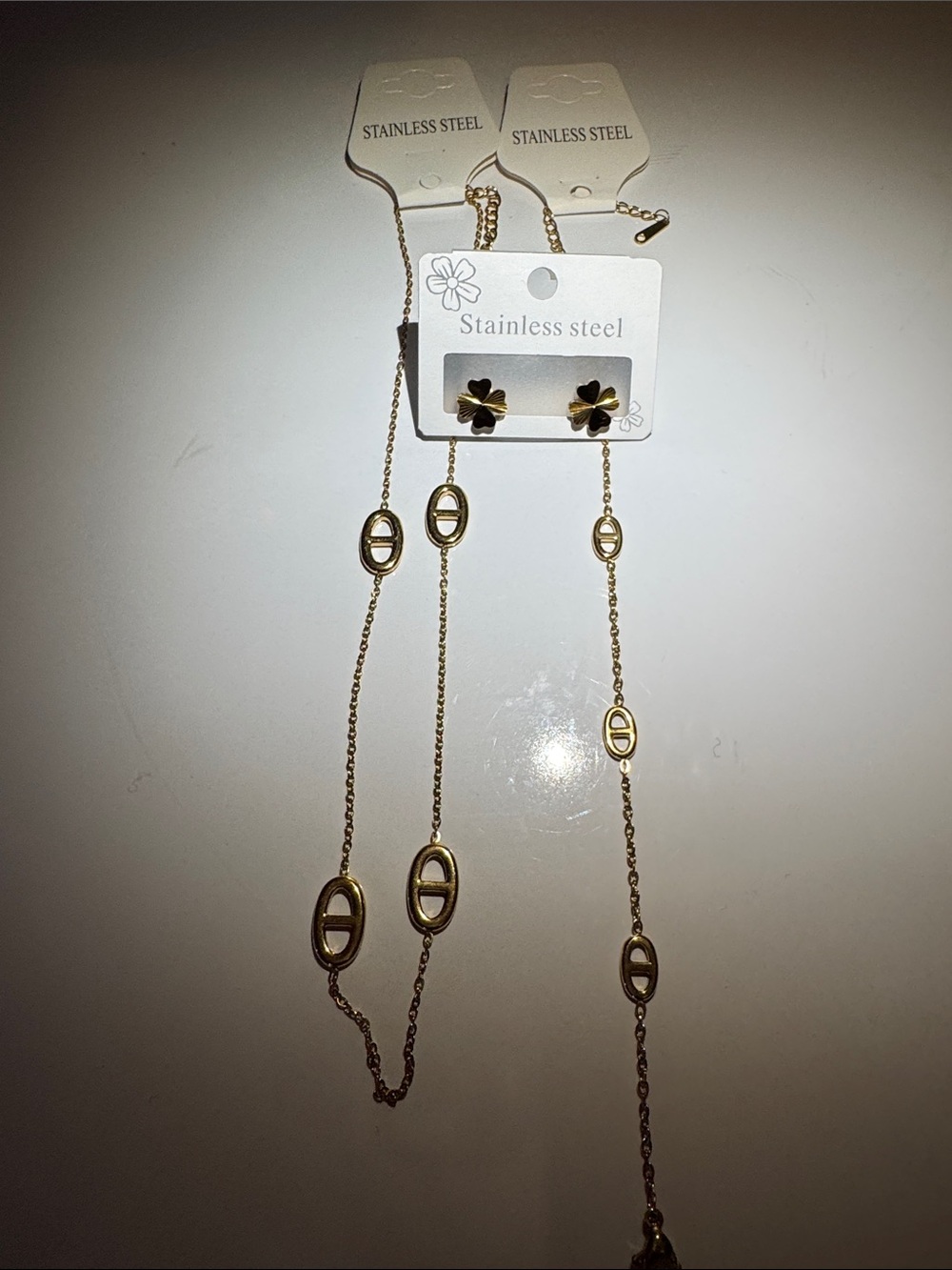 Gold-Tone Stainless Steel Oval Link Necklace and Stud Earrings - Gold